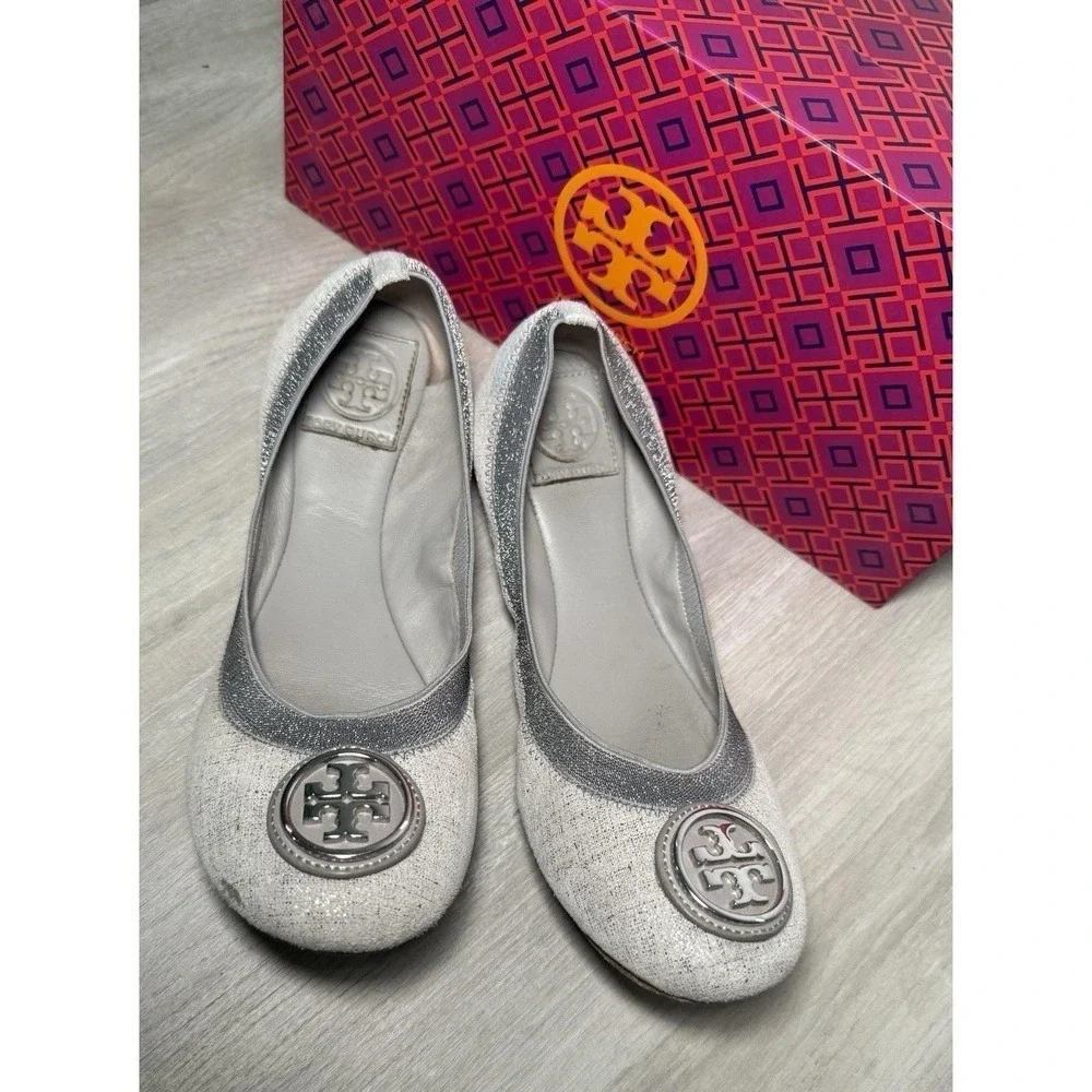 Tory Burch Ballet Flats White Glitter Embellished Logo Women Size 8M